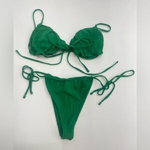 Fashion Womens Swimwear 2 PC Size S Smocked Bikini Top & Cheeky Ribbed Green
